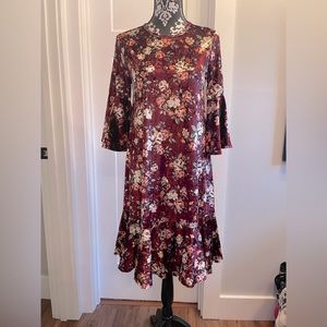 Velvet Floral Dress Burgandy/Red